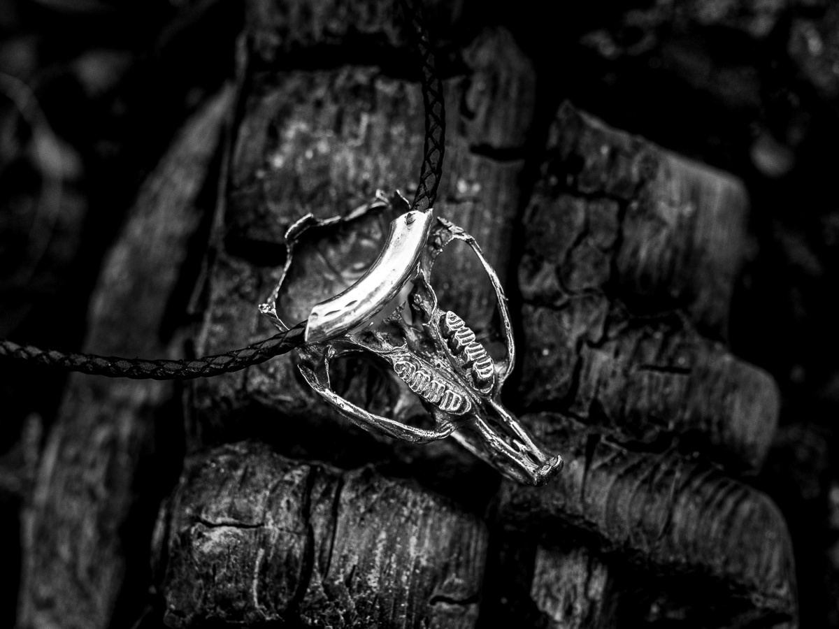 Ezüst La Loba csincsilla koponya medál alulnézetből, fekete-fehér fotón