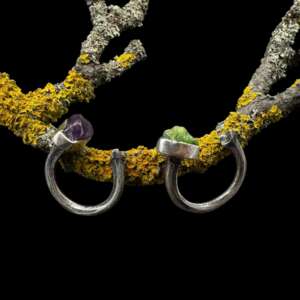 két csont gyűrű nyers ásványokkal fa ágon elhelyezve